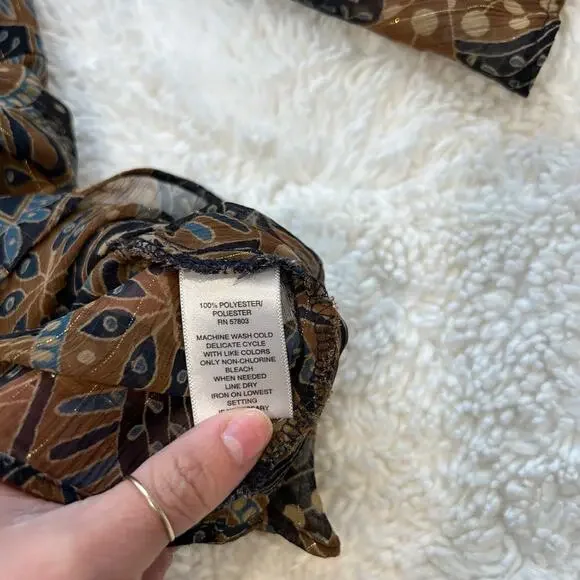 VTG Bandolino Womens Y2K Sz 14 Peasant Top Brown Blue Paisley Floral V NeckSheer - Picture 5 of 6